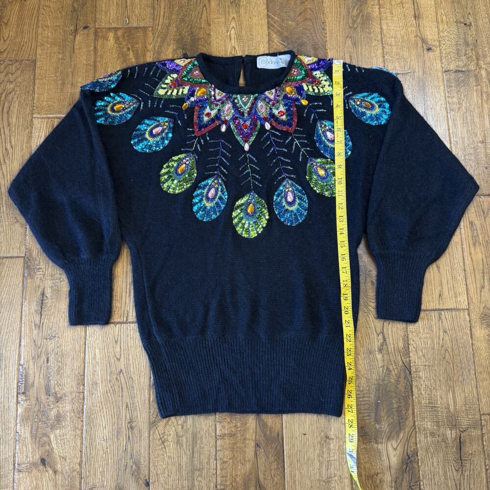 VTG 80’s Cedars Woman Silk Angora Wool Sweater Peacock Feathers Sequin Womens M - Picture 4 of 6